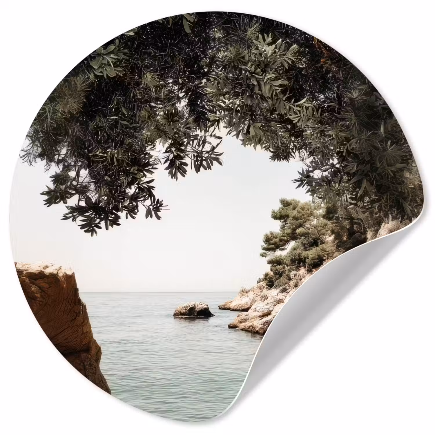 Rotsen - Zee - Boom - Groen Wandcirkel behangsticker klein -3d