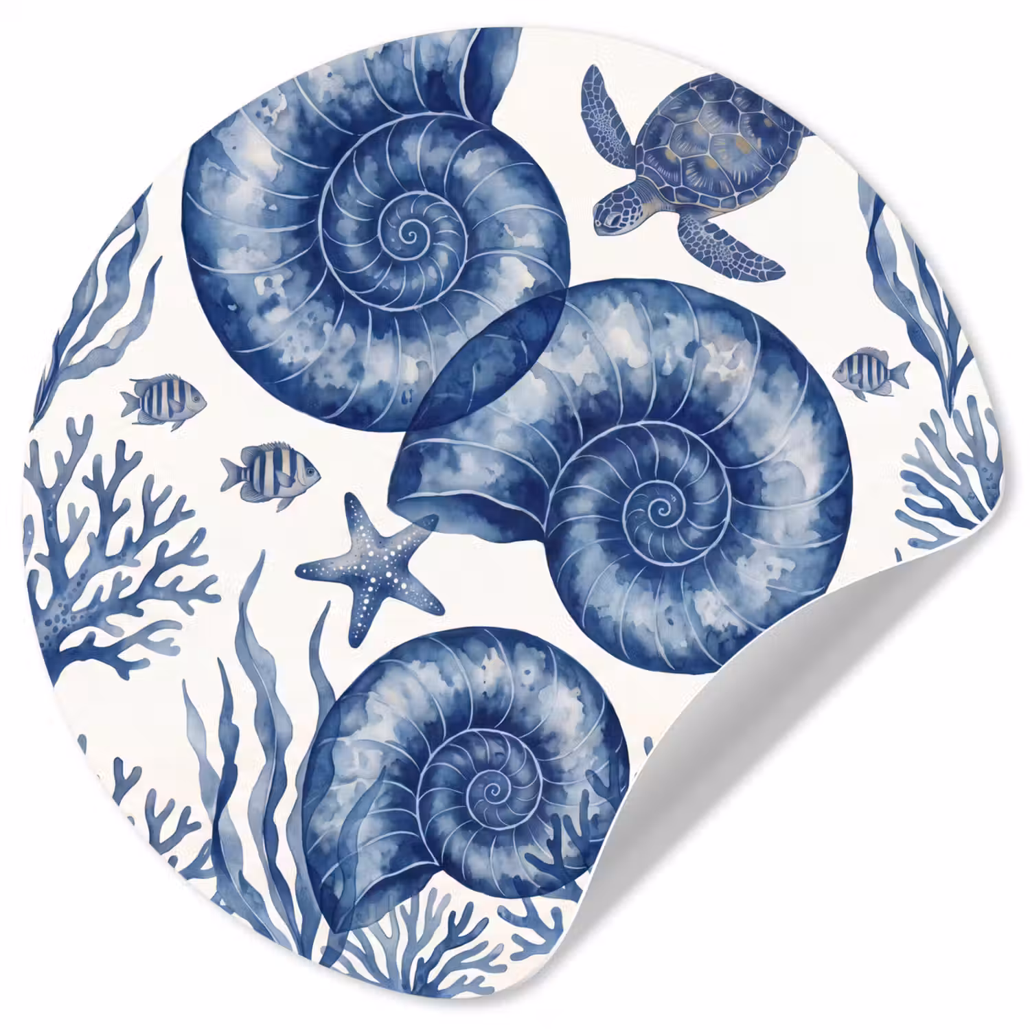 Schelp - Spiraal - Zeeleven - Aquarel - Blauw Wandcirkel behangsticker klein -3d