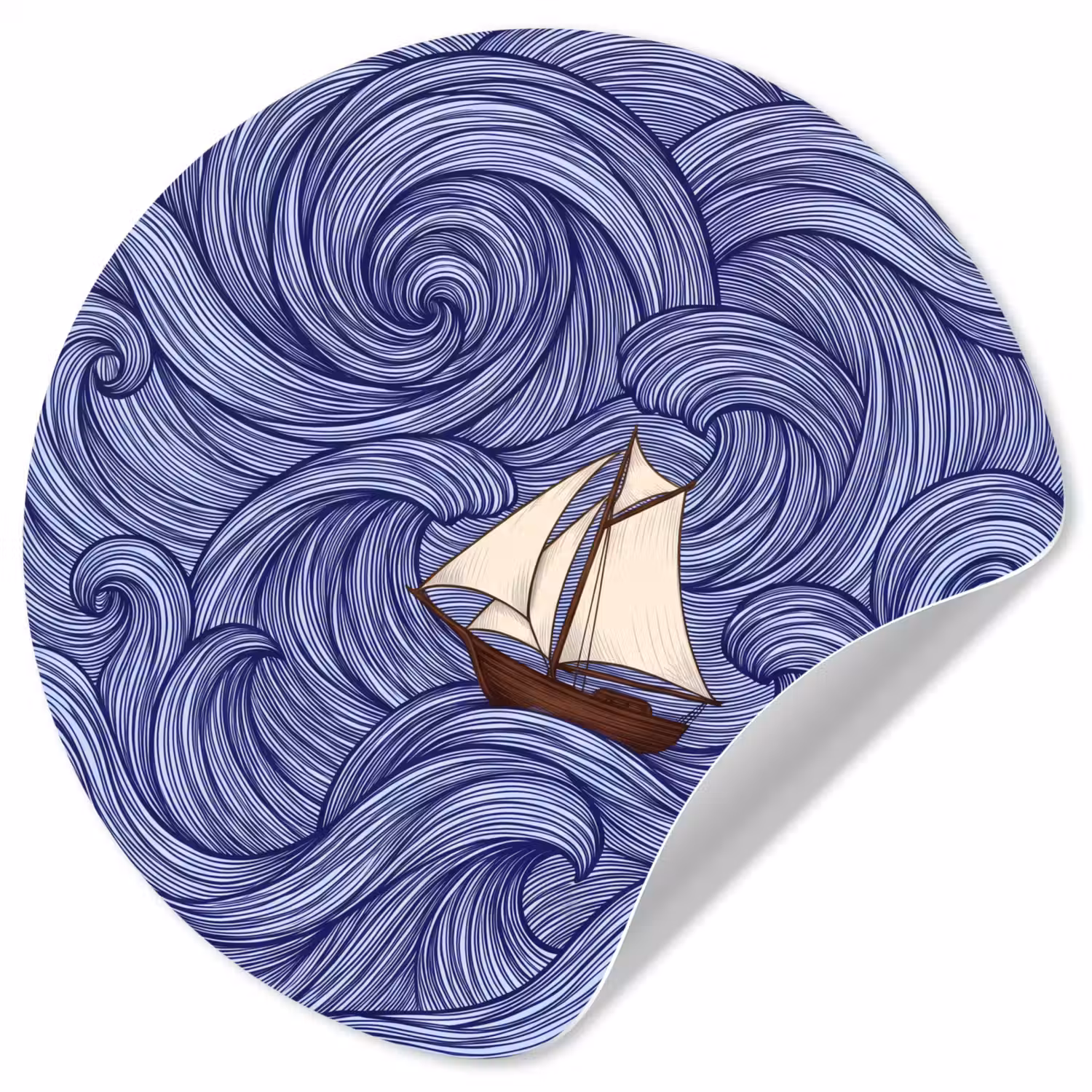 Schip - Golven - Zee - Illustratie - Blauw Wandcirkel behangsticker klein -3d