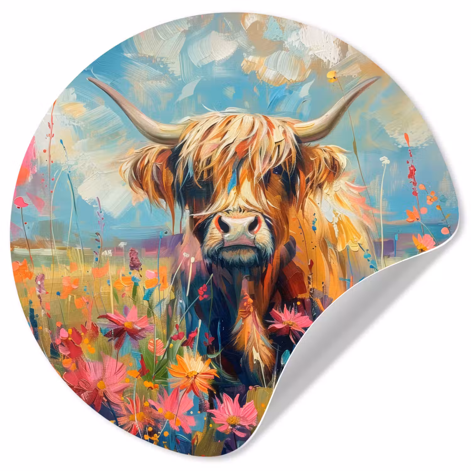 Schotse hooglander - Natuur - Kleurrijk - Bloemen Wandcirkel behangsticker klein -3d
