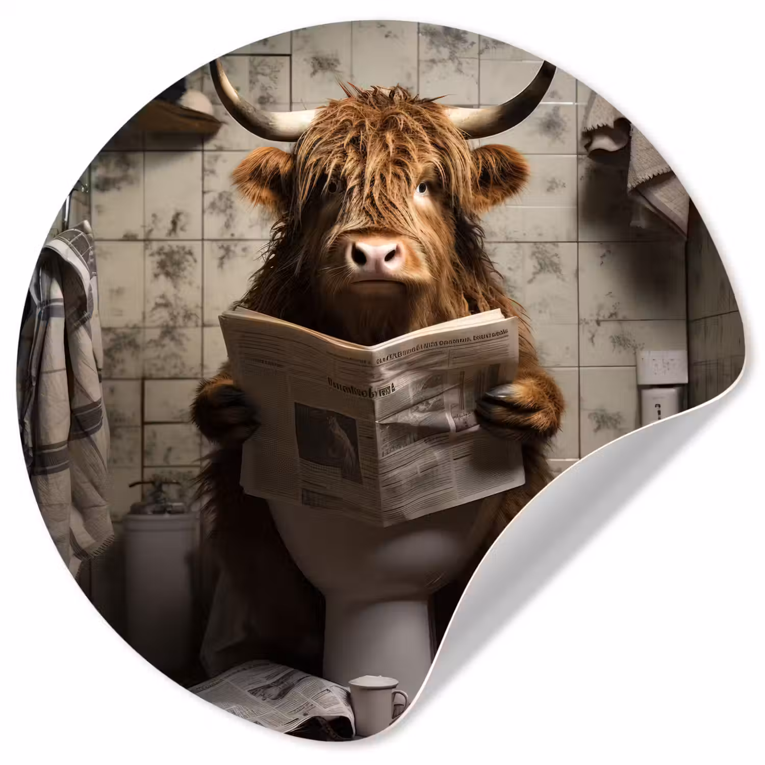 Schotse hooglander - Toilet - Krant - Badkamer Wandcirkel behangsticker klein -3d