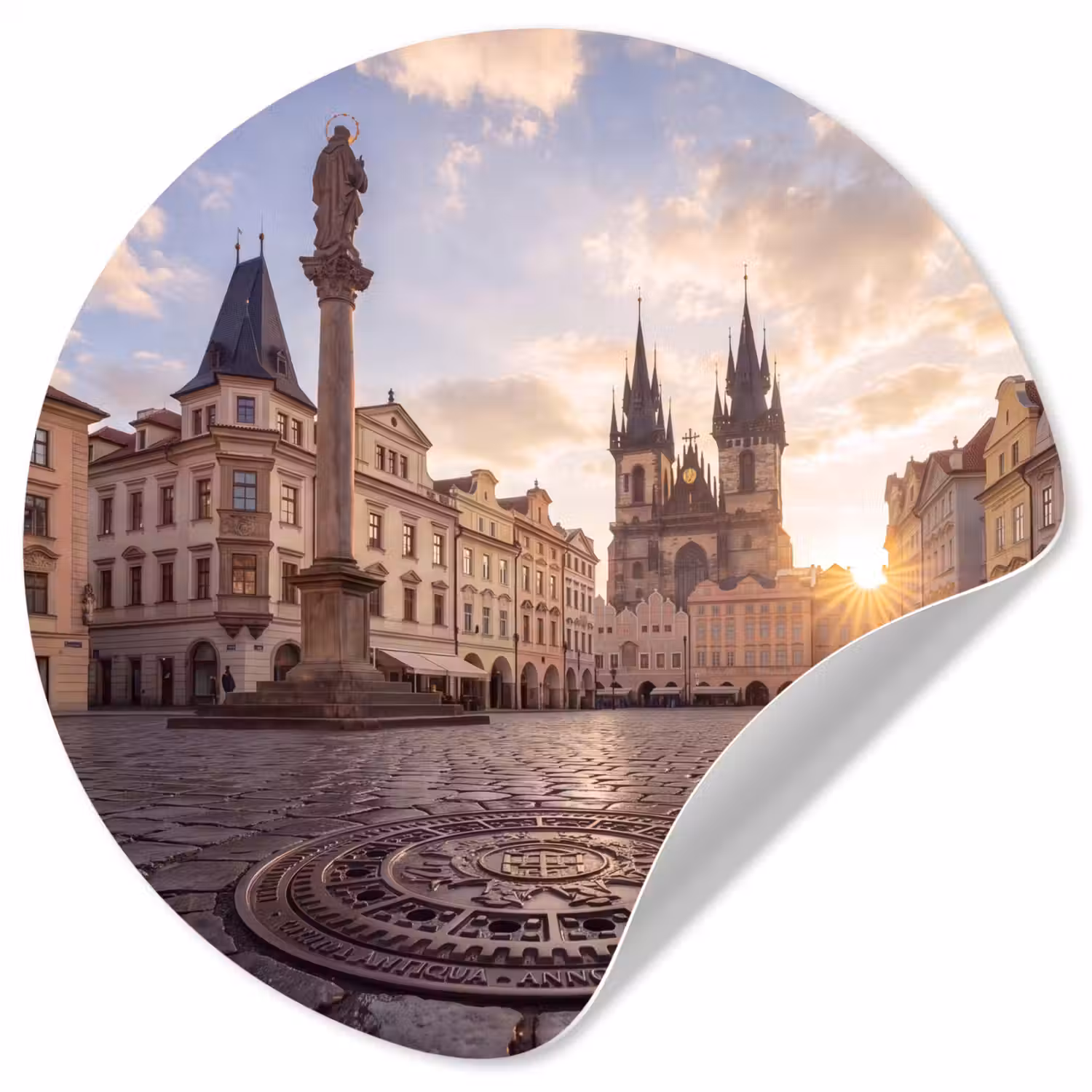Stad - Praag - Ochtend - Architectuur - Goud Wandcirkel behangsticker klein -3d