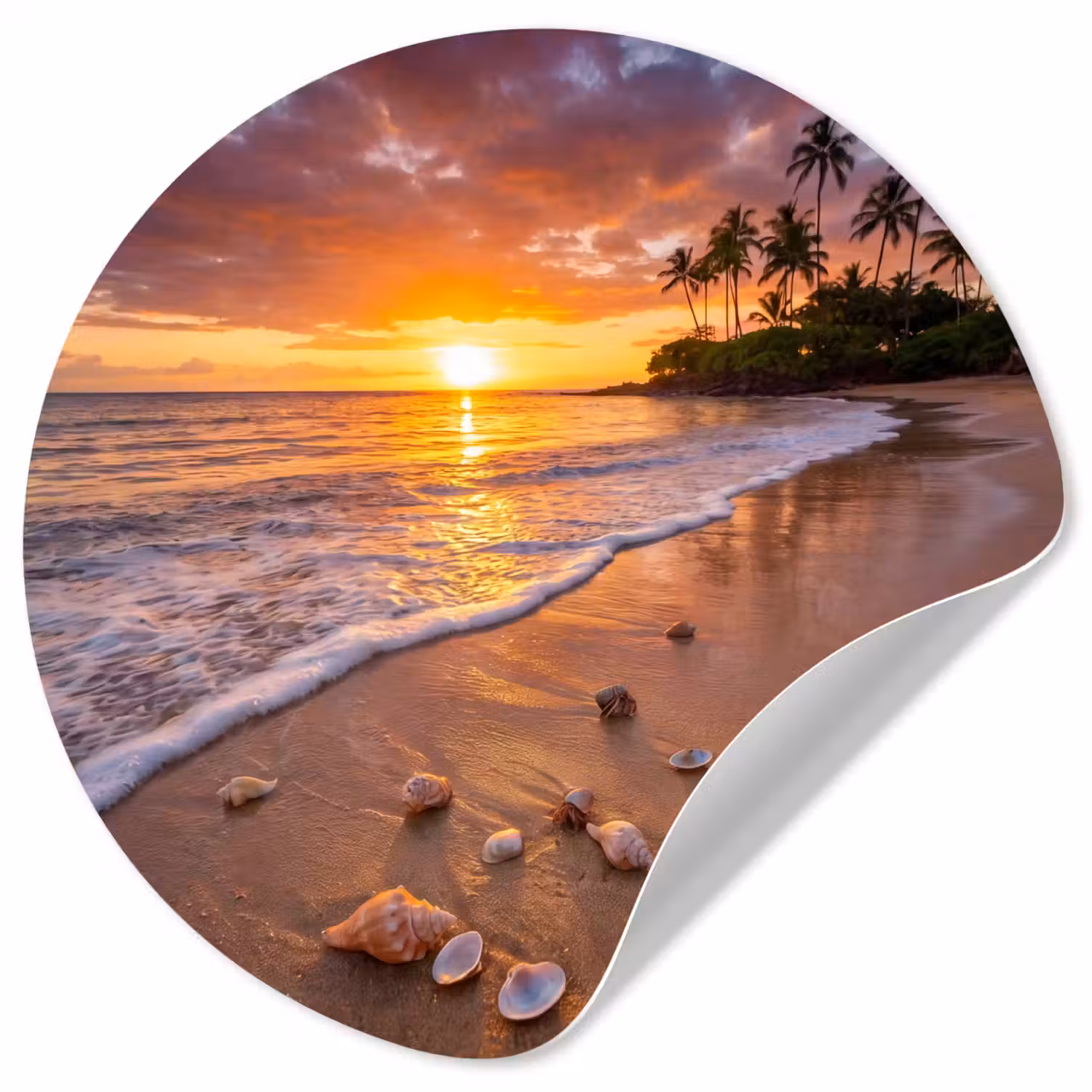 Strand - Zonsondergang - Palmbomen - Natuur - Oranje Wandcirkel behangsticker klein -3d