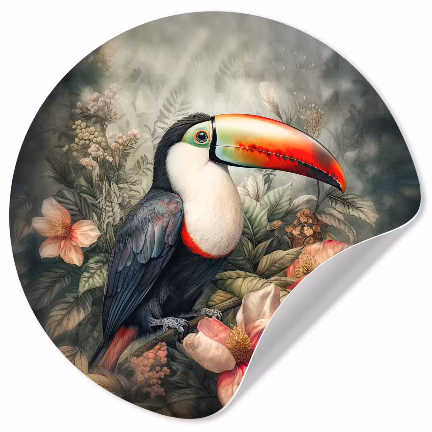 Toekan - Vogels - Bloemen - Planten - Tropisch Wandcirkel behangsticker klein -3d