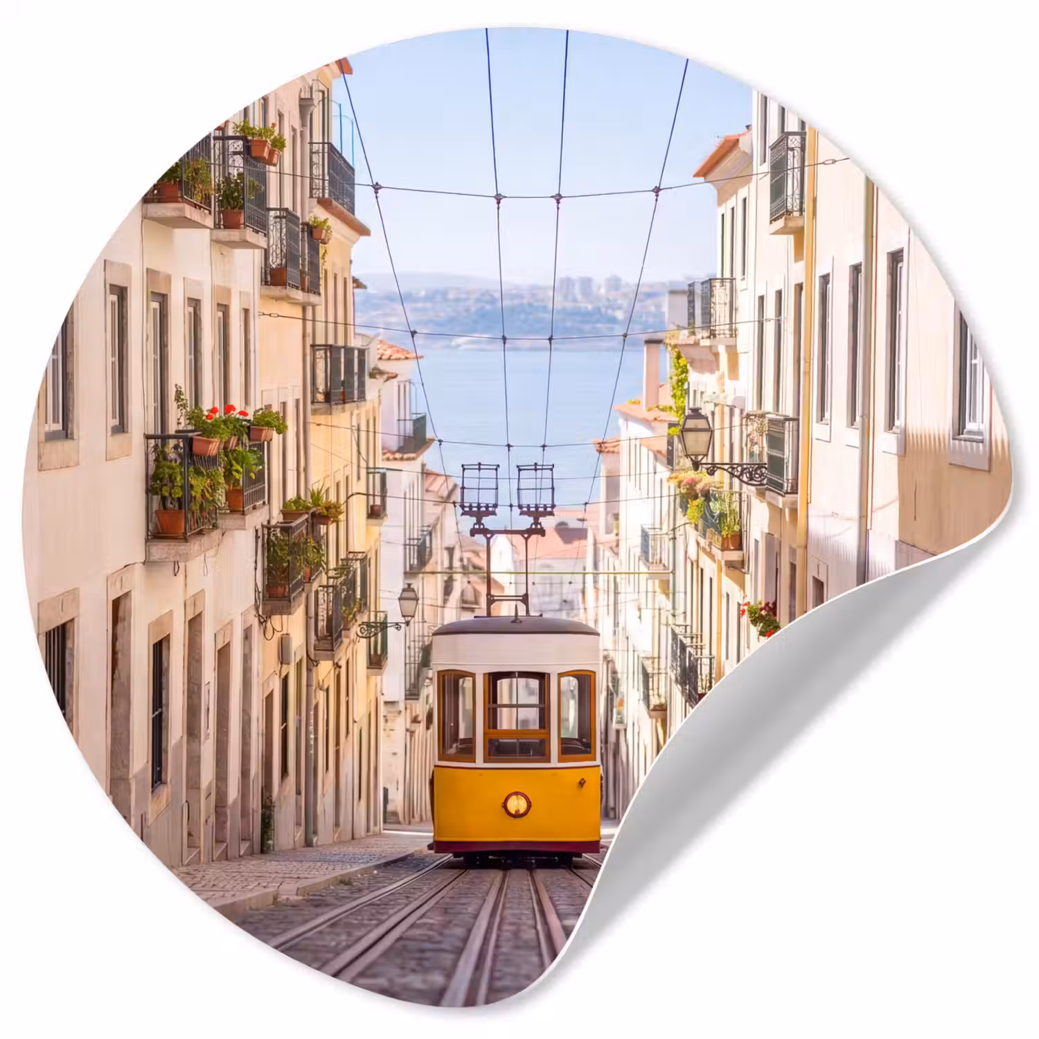 Tram - Straat - Stad - Architectuur - Geel Wandcirkel behangsticker klein -3d