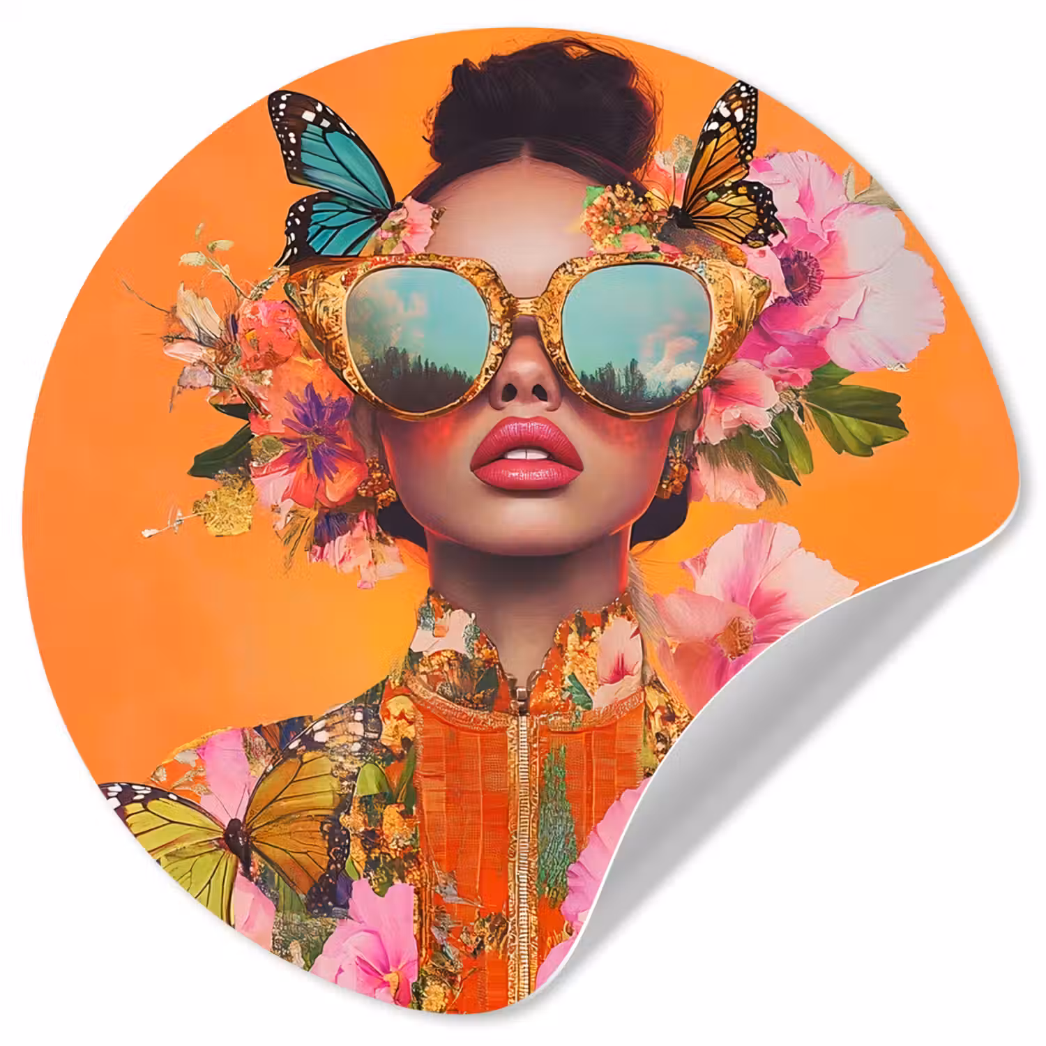 Vlinders - Vrouw - Zonnebril - Kleurrijk Wandcirkel behangsticker klein -3d