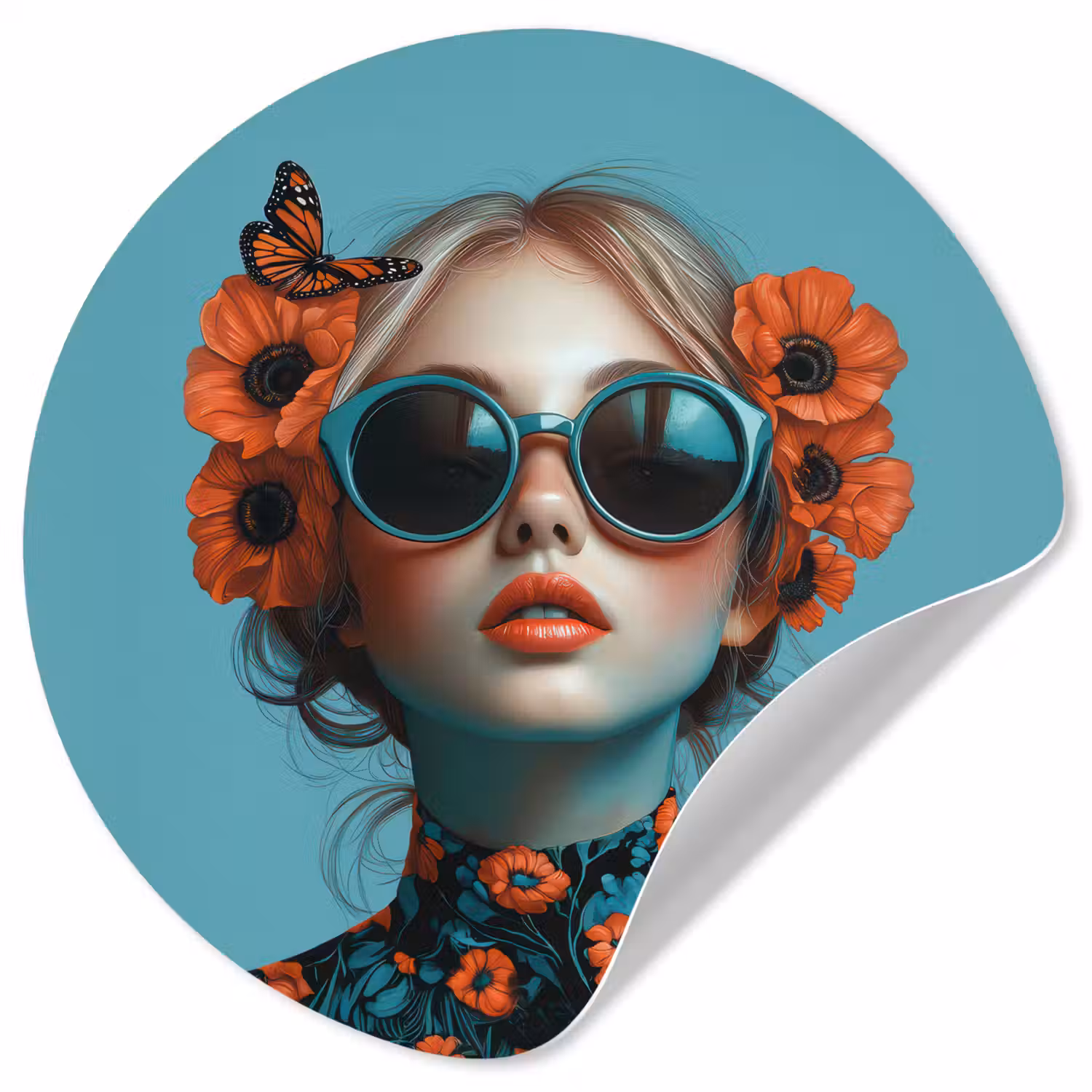 Vrouw - Blauw - Vlinder - Bloemen - Aesthetic Wandcirkel behangsticker klein -3d