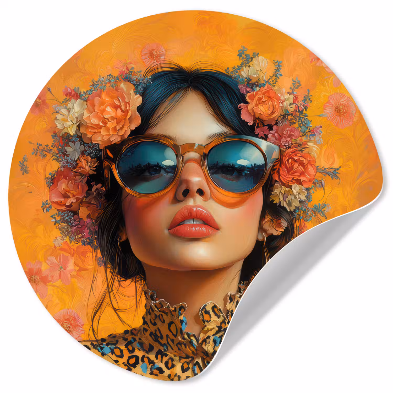 Vrouw - Bloemen - Aesthetic - Oranje Wandcirkel behangsticker klein -3d