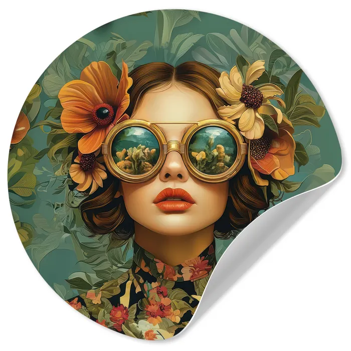 Vrouw - Bloemen - Vlinders - Natuur - Vintage Wandcirkel behangsticker klein -3d