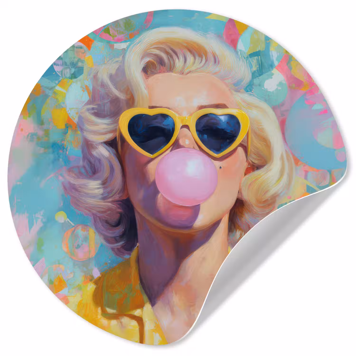 Vrouw - Blond - Roze kauwgom - Kleurrijk - Pastel Wandcirkel behangsticker klein -3d