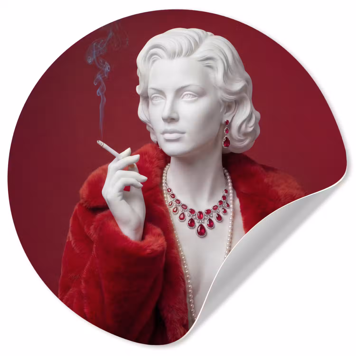 Vrouw - Bontjas - Mode - Klassiek - Rood Wandcirkel behangsticker klein -3d