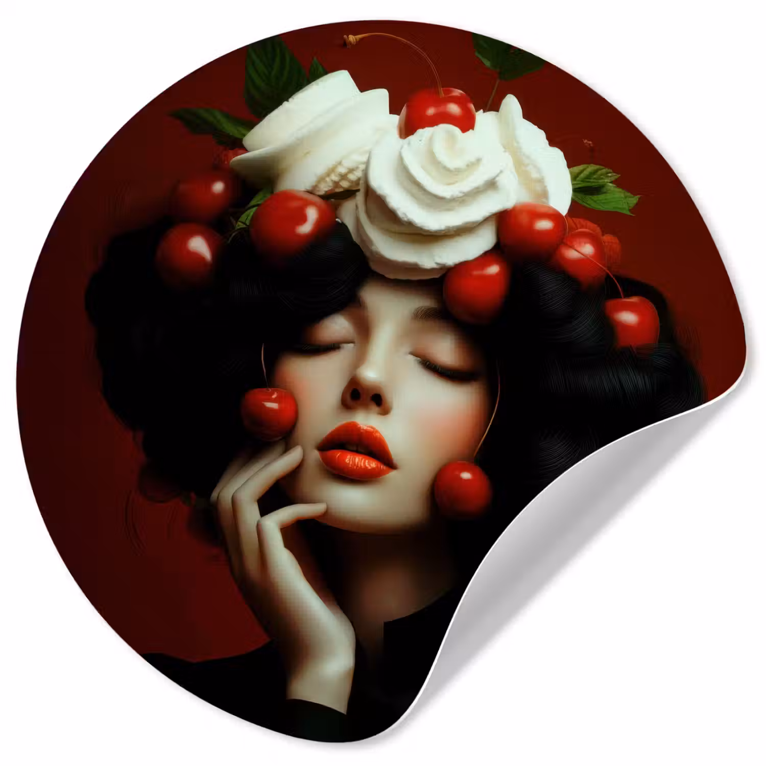 Vrouw - Kersen - Slagroom Wandcirkel behangsticker klein -3d