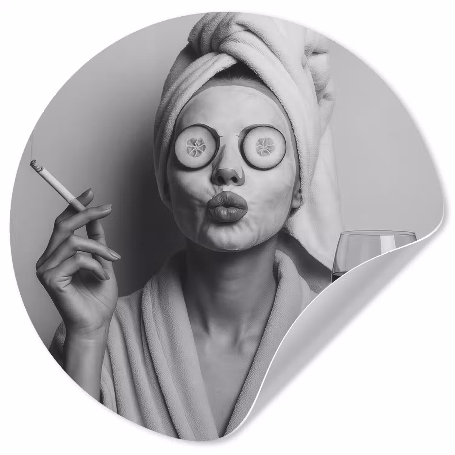 Vrouw - Masker - Wijn - Sigaret Wandcirkel behangsticker klein -3d