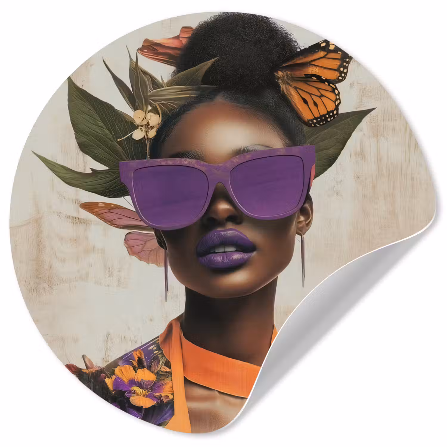 Vrouw - Zonnebril - Vlinder - Bloemen Wandcirkel behangsticker klein -3d