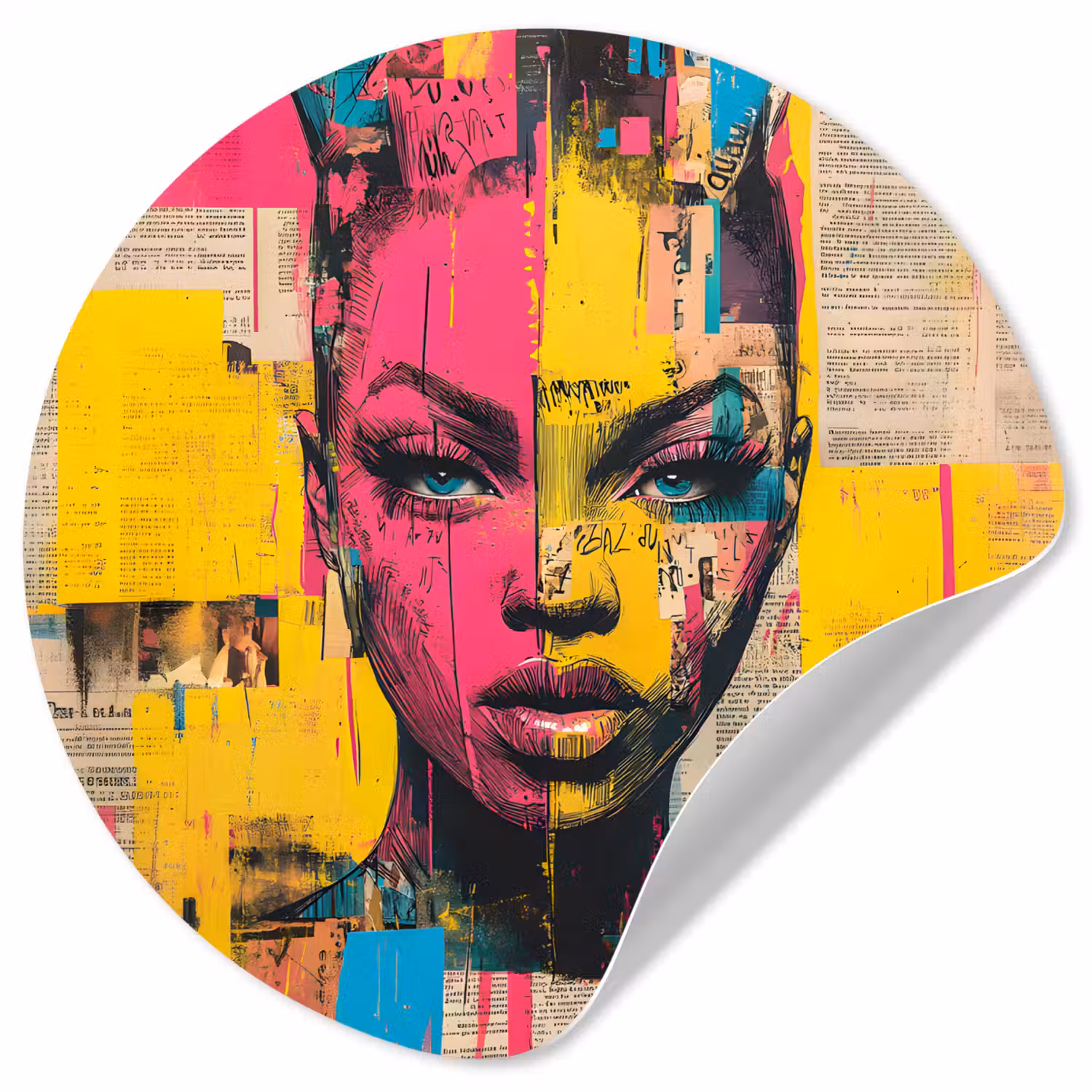 Vrouwengezicht - Krantenpapier - Abstract - Roze Wandcirkel behangsticker klein -3d