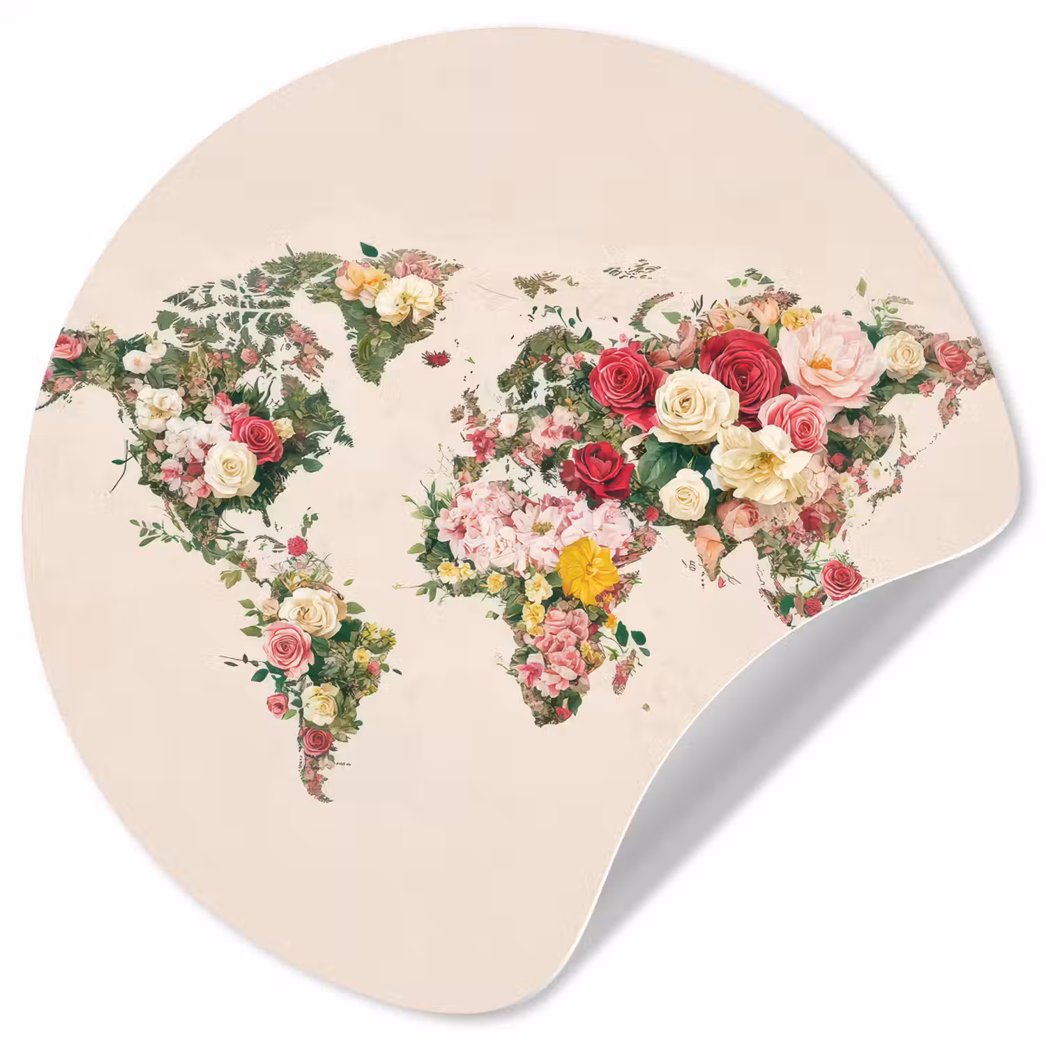 Wereldkaart - Bloemen - Roze Wandcirkel behangsticker klein -3d