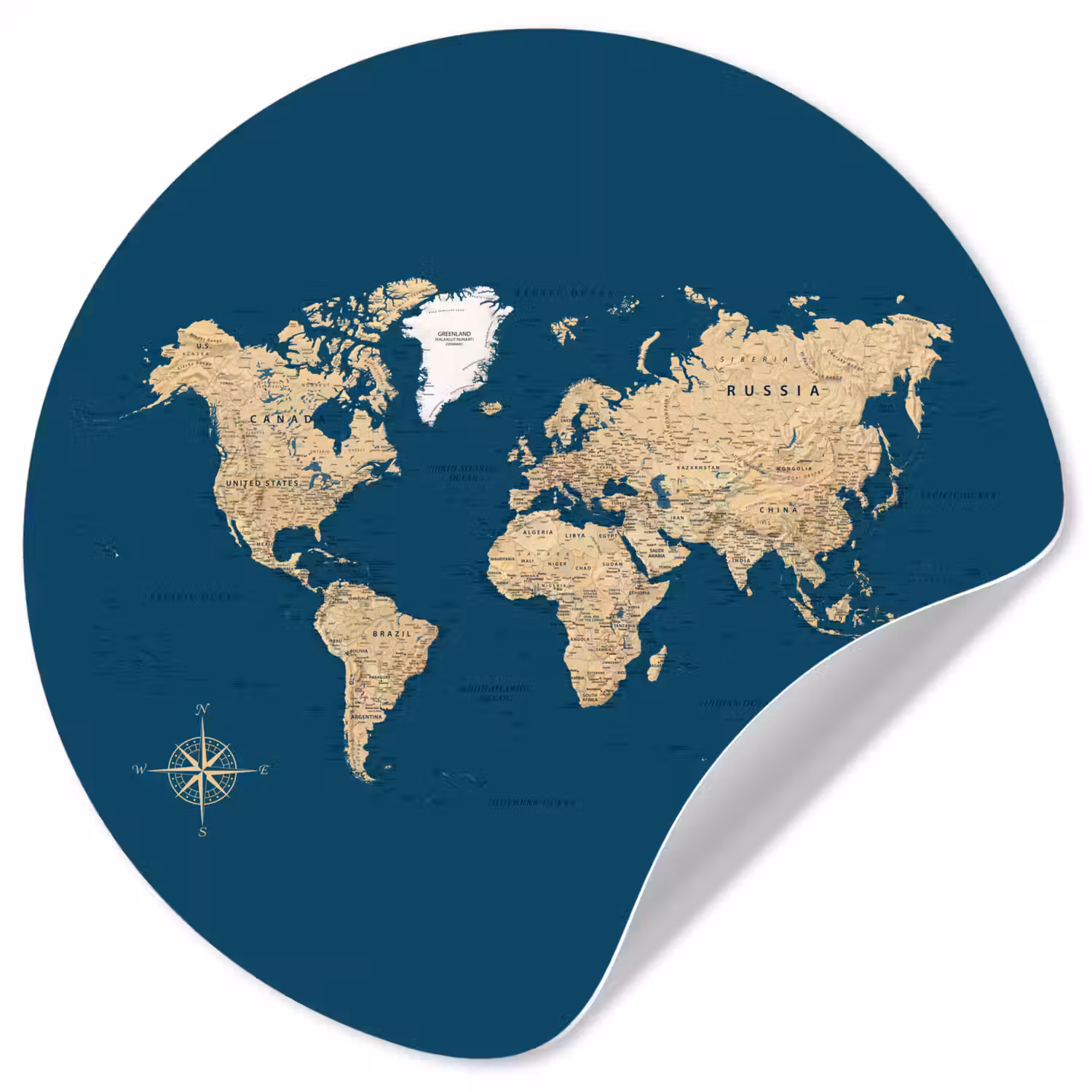 Wereldkaart - Donkerblauw - Beige Wandcirkel behangsticker klein -3d