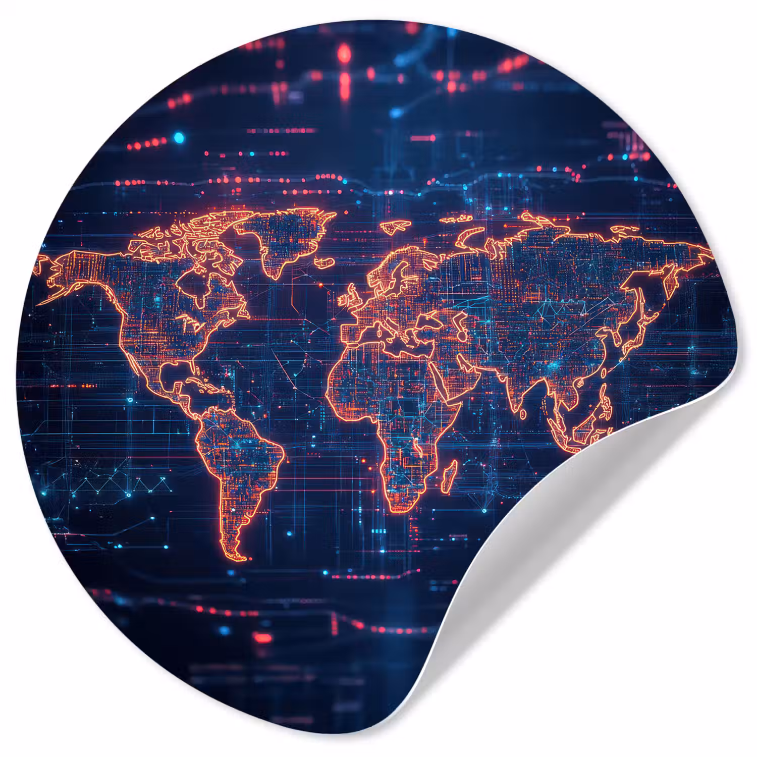 Wereldkaart - Futuristisch - Oranje Wandcirkel behangsticker klein -3d