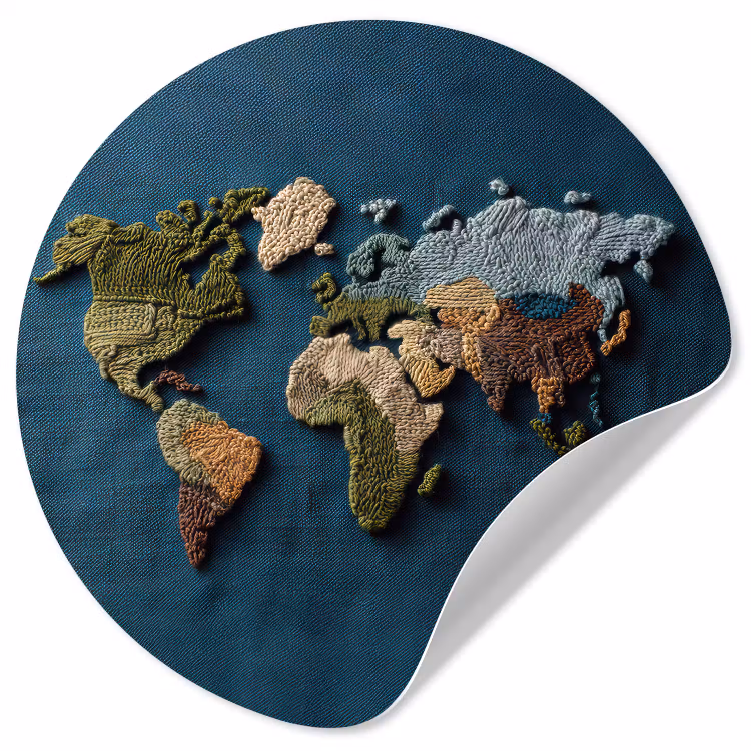 Wereldkaart - Geborduurd - Verschillende tinten Wandcirkel behangsticker klein -3d