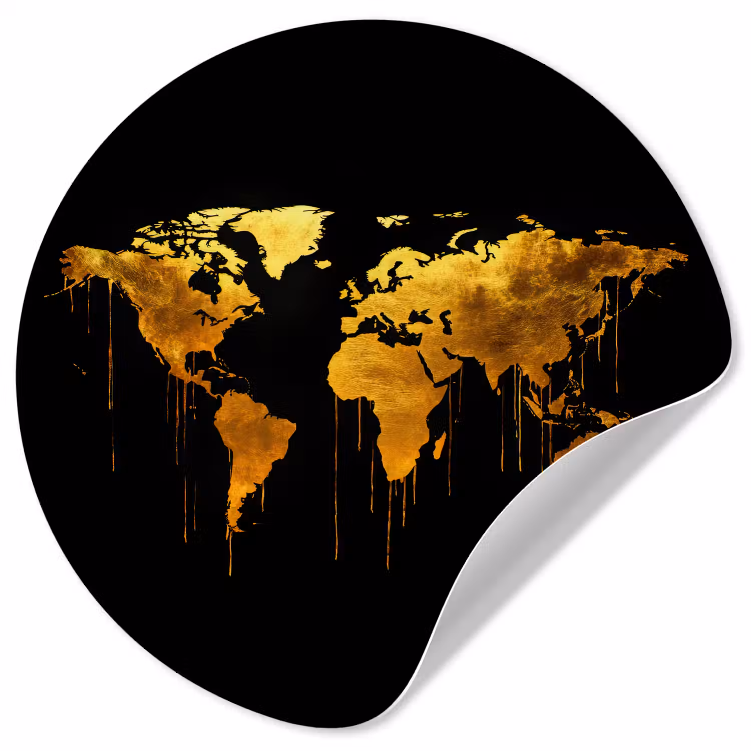 Wereldkaart - Goud - Druipen - Zwart Wandcirkel behangsticker klein -3d