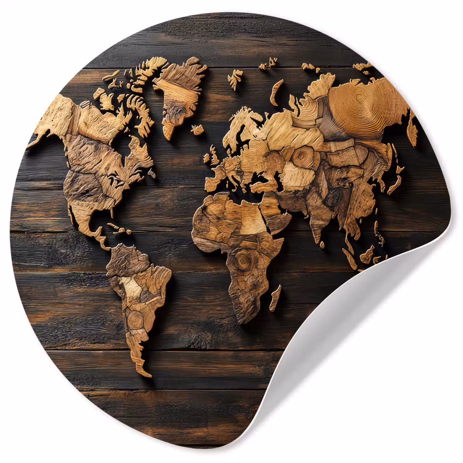 Wereldkaart - Hout - Mozaïek Wandcirkel behangsticker klein -3d