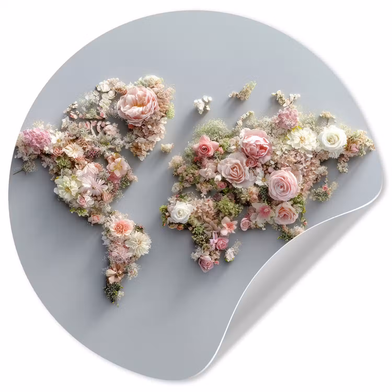 Wereldkaart - Rozen - Roze Wandcirkel behangsticker klein -3d