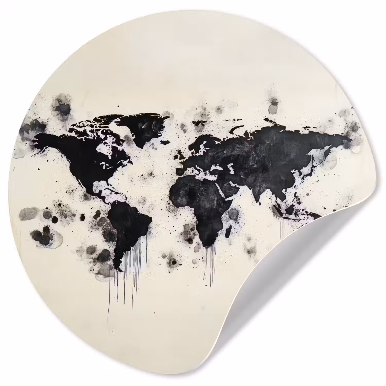 Wereldkaart - Zwart - Inkt Wandcirkel behangsticker klein -3d
