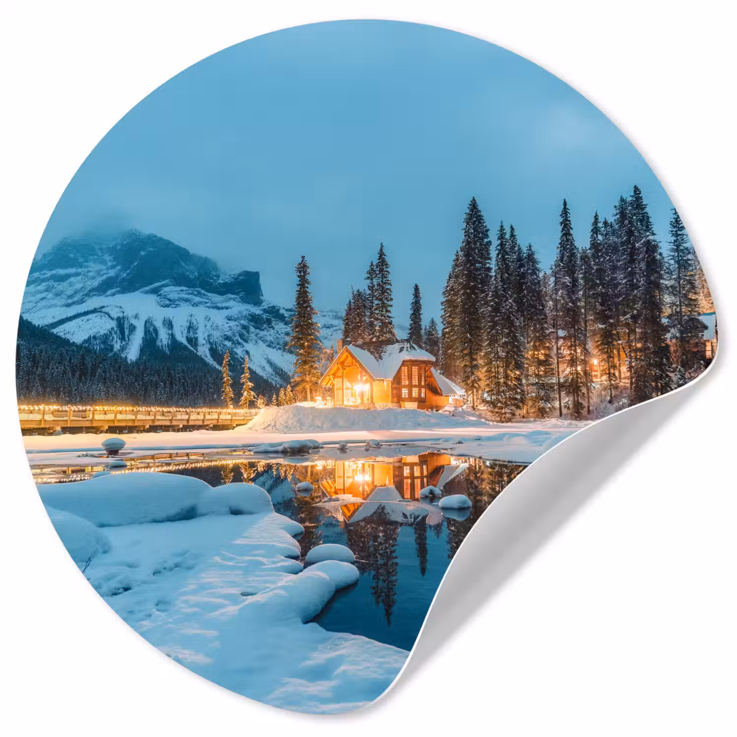 Winterlandschap - Natuur - Huis - Bergen - Sneeuw Wandcirkel behangsticker klein -3d