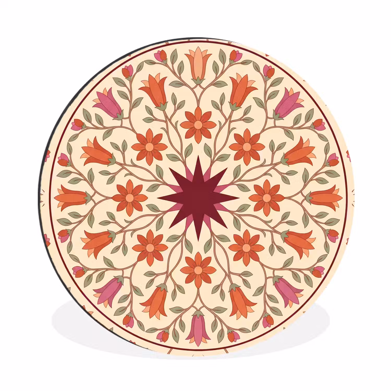 Bloemen - Mandala - Decoratief - Rood Wandcirkel aluminium klein -3d