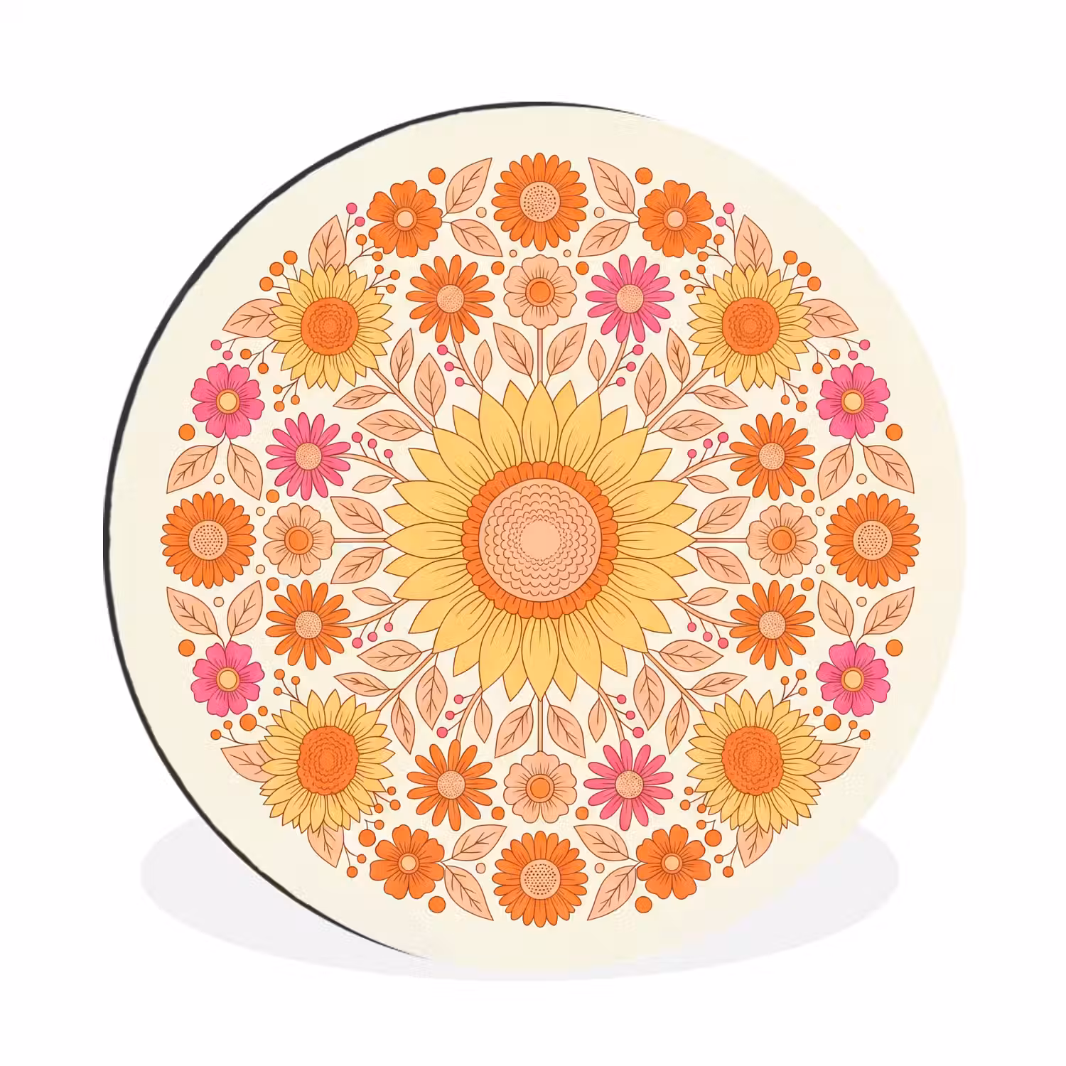 Bloemen - Mandala - Patroon - Kleurrijk Wandcirkel aluminium klein -3d