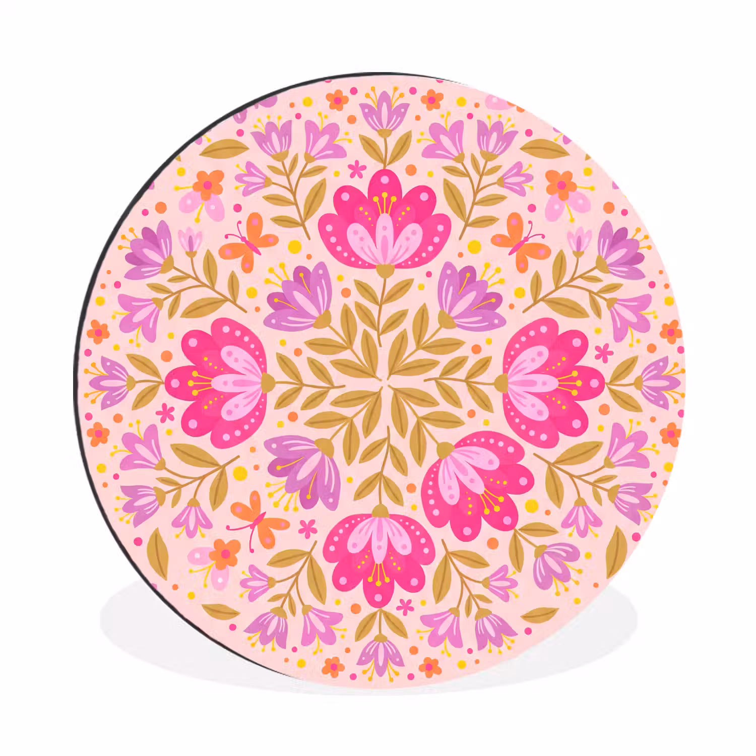 Bloemen - Patroon - Natuur - Abstract - Roze Wandcirkel aluminium klein -3d