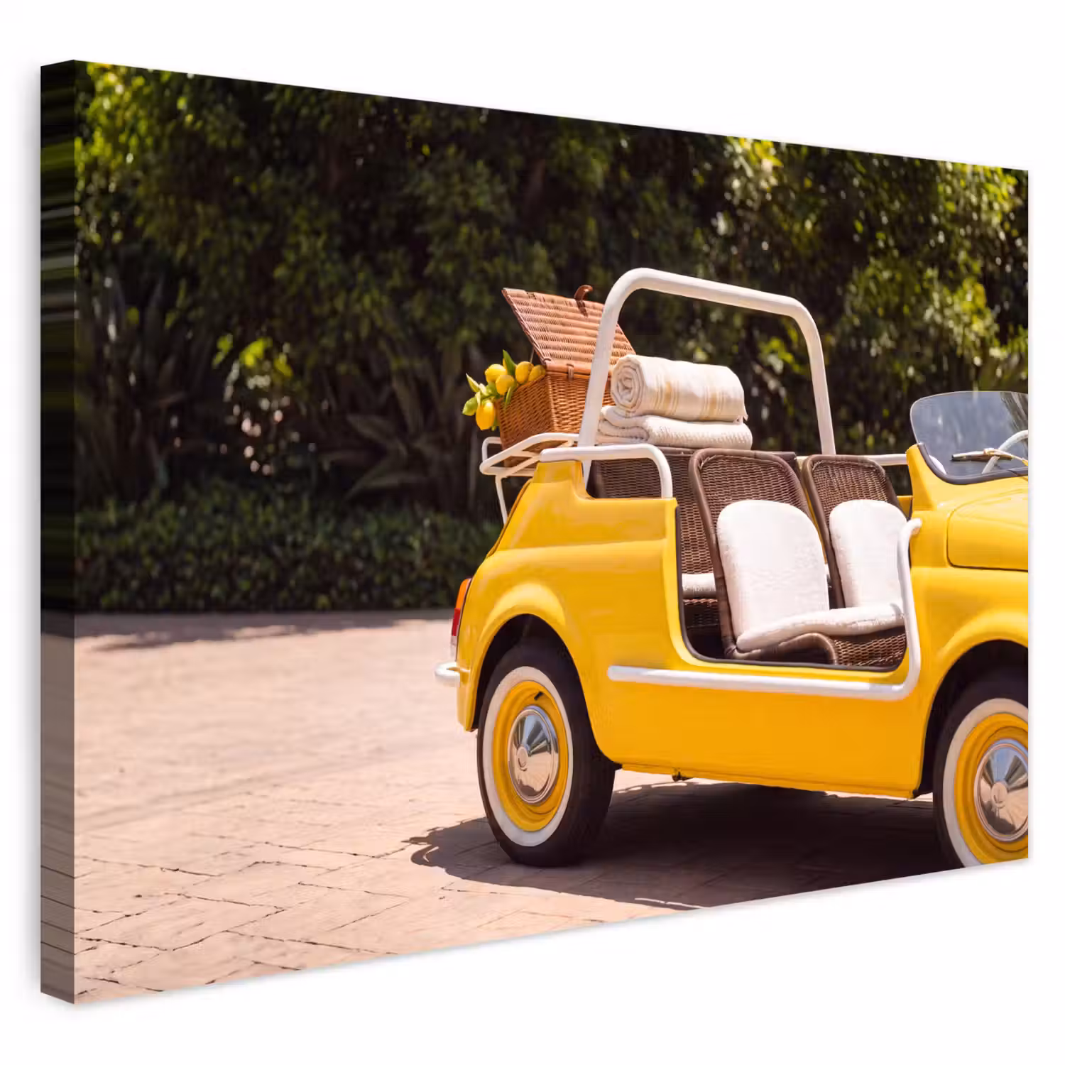 Auto - Picknick - Zomer - Geel Tuinposter op houten frame 2 cm dik klein -3d