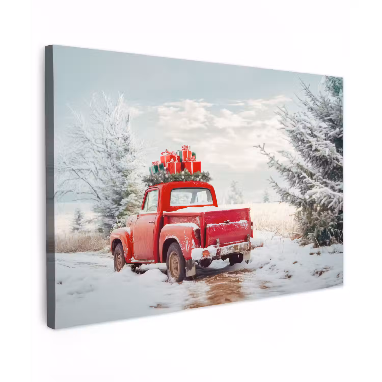 Auto - Rood - Cadeaus - Winter - Sneeuw - Kerst Tuinposter op houten frame 2 cm dik klein -3d