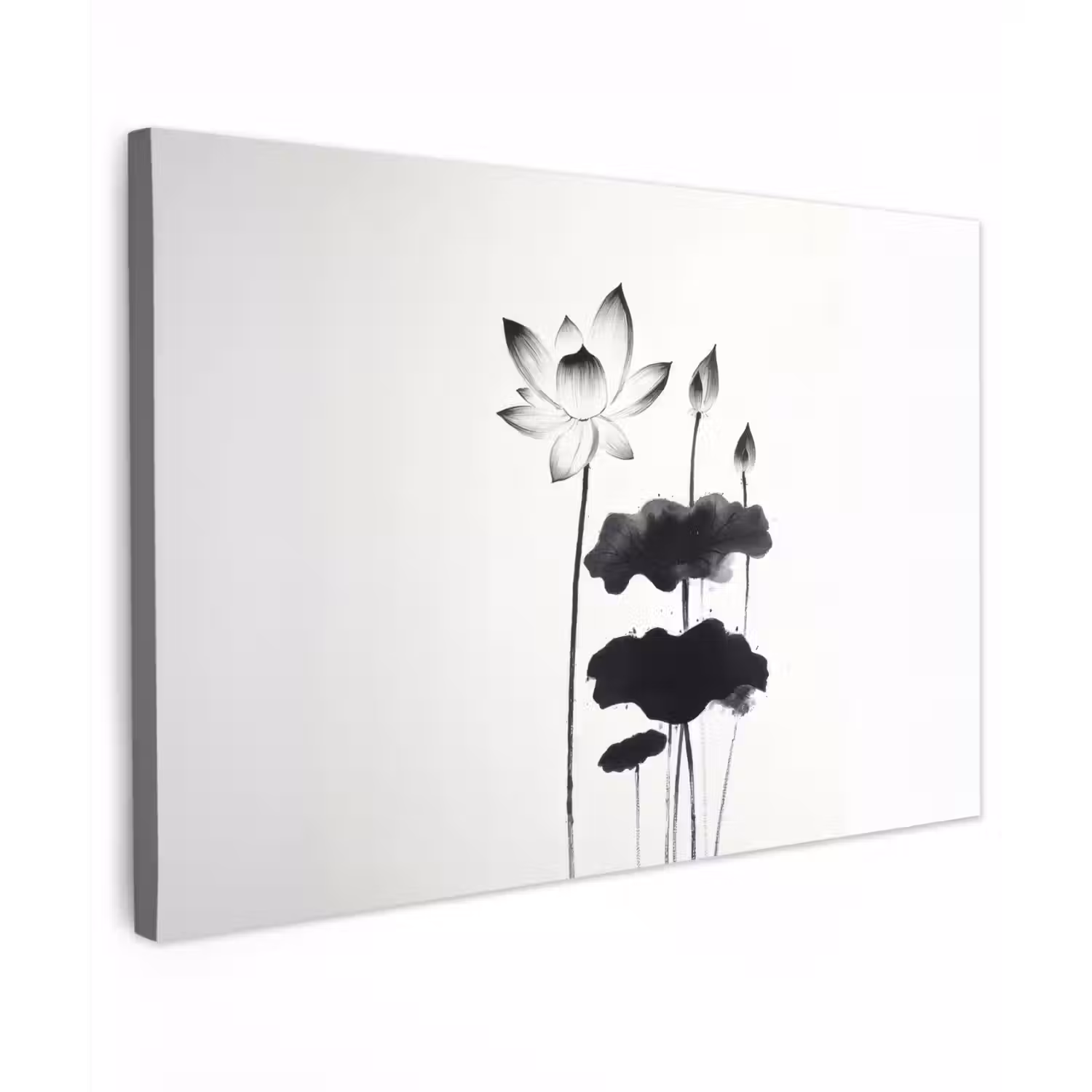 Bladeren - Zwart - Lotusbloem - Minimalitisch Tuinposter op houten frame 2 cm dik klein -3d