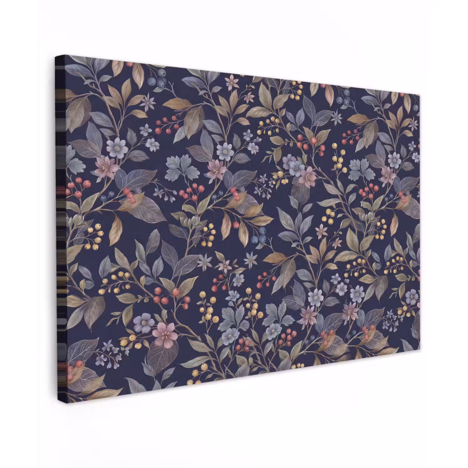 Bloemen - Bladeren - Patroon - Botanisch - Donkerblauw Tuinposter op houten frame 2 cm dik klein -3d