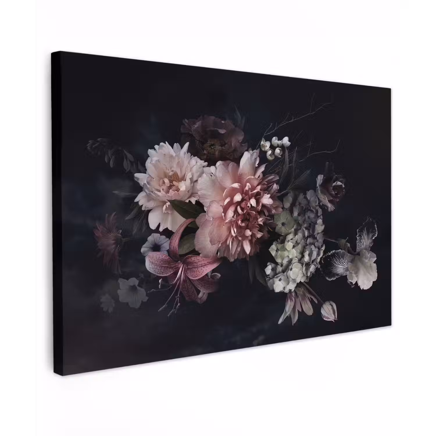 Bloemen - Vintage - Pastel - Zwart - Boeket Tuinposter op houten frame 2 cm dik klein -3d