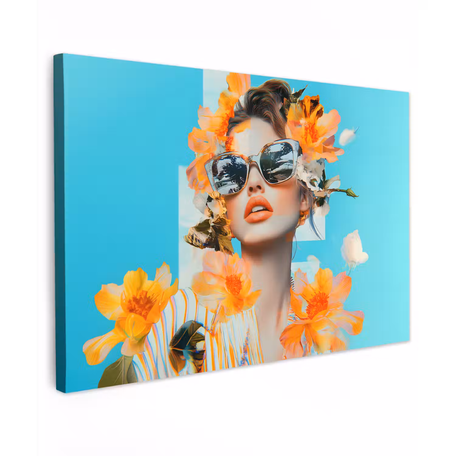 Bloemen - Vrouw - Zonnebril - Blauw Tuinposter op houten frame 2 cm dik klein -3d