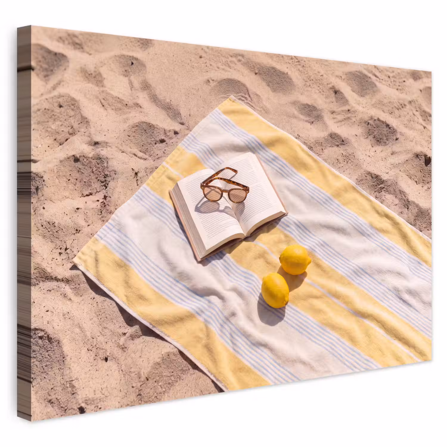 Boek - Zonnebril - Strand - Zomer - Geel Tuinposter op houten frame 2 cm dik klein -3d