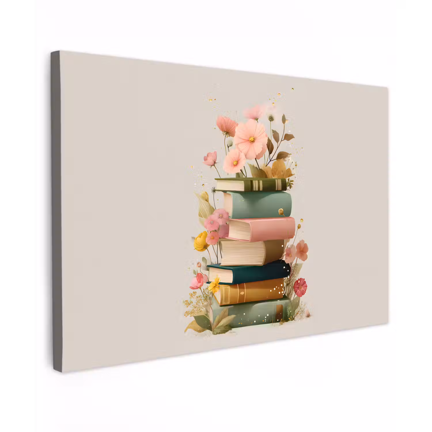 Boeken - Stapel - Bloemen - Kleurrijk Tuinposter op houten frame 2 cm dik klein -3d