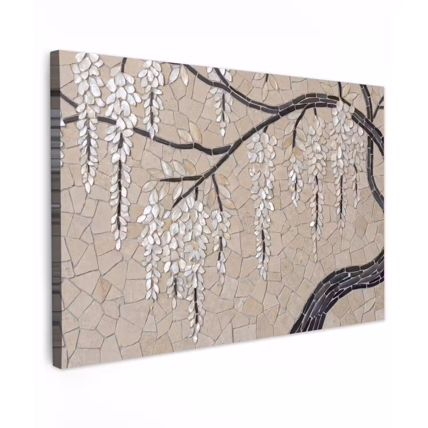 Boom - Bloemen - Mozaïek - Kunst - Wit Tuinposter op houten frame 2 cm dik klein -3d