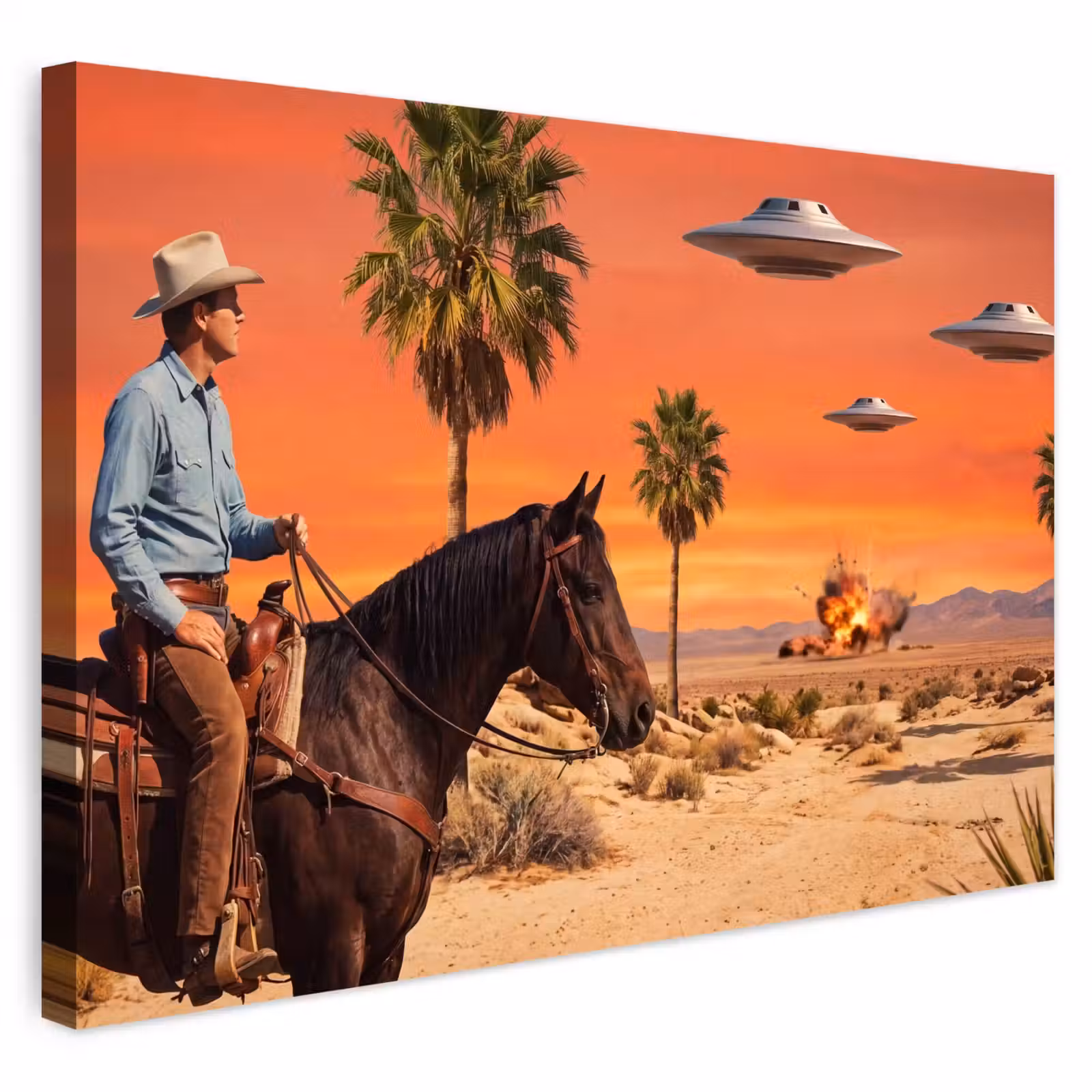 Buiten canvas - Cowboy - Paard - Woestijn - Cowboy - Paard - Woestijn Tuinposter op houten frame 2 cm dik klein