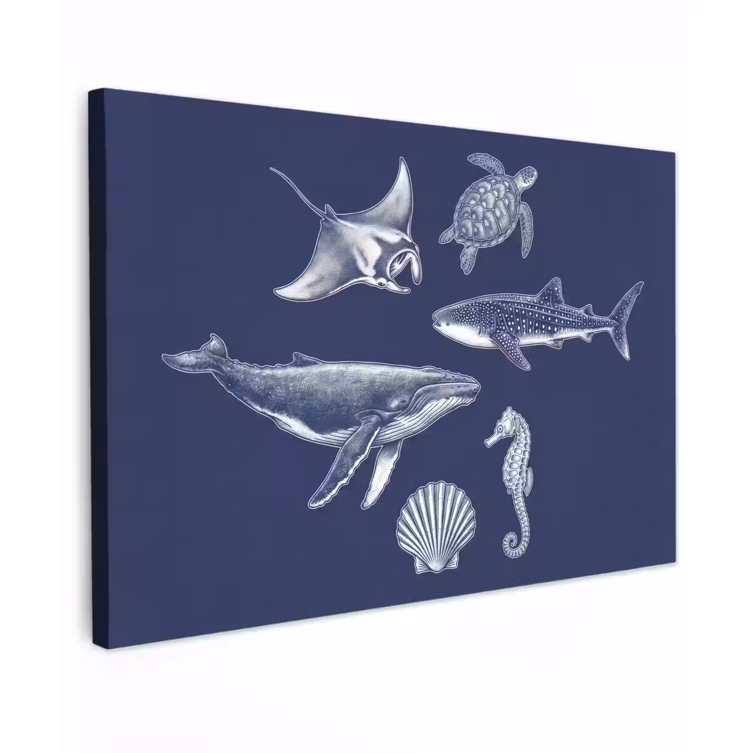Dieren - Zeeleven - Oceaan - Graveren - Blauw Tuinposter op houten frame 2 cm dik klein -3d