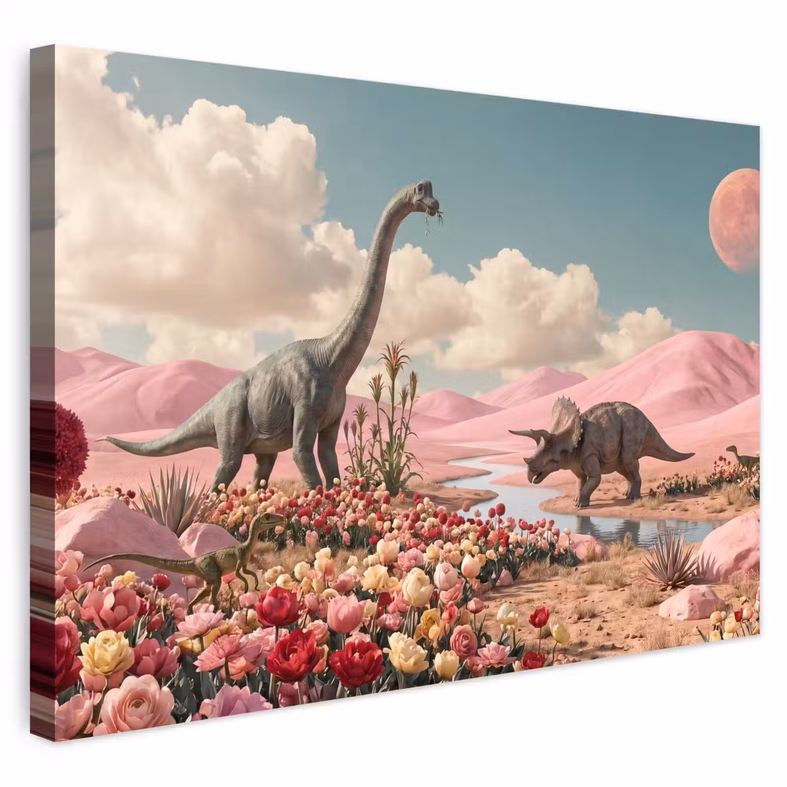 Buiten canvas - Dinosaurus - Roze - Landschap - Dinosaurus - Roze - Landschap Tuinposter op houten frame 2 cm dik klein