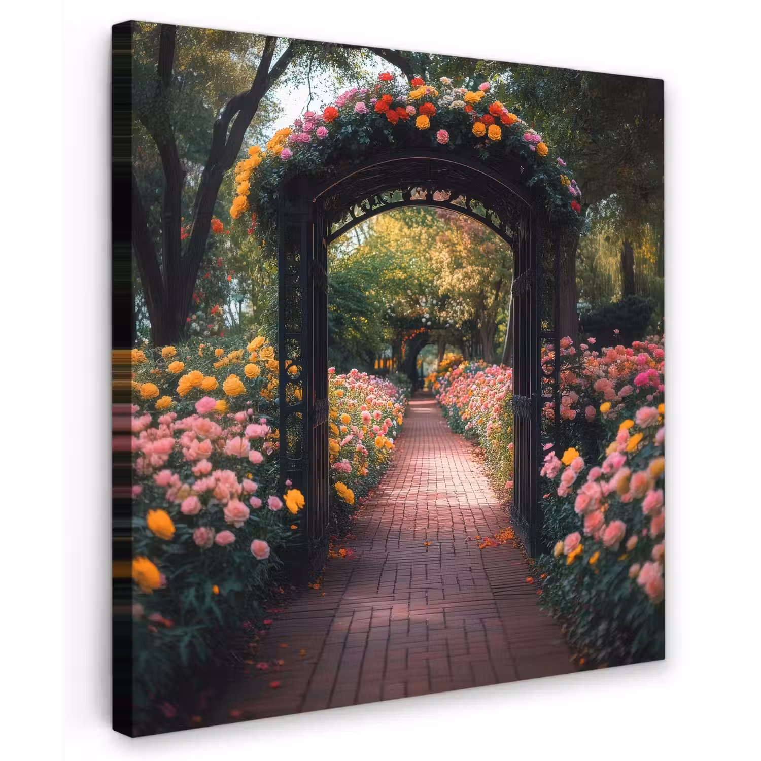 Doorkijk - Bloemen - Pad - Natuur - Kleurrijk Tuinposter op houten frame 2 cm dik middel -3d