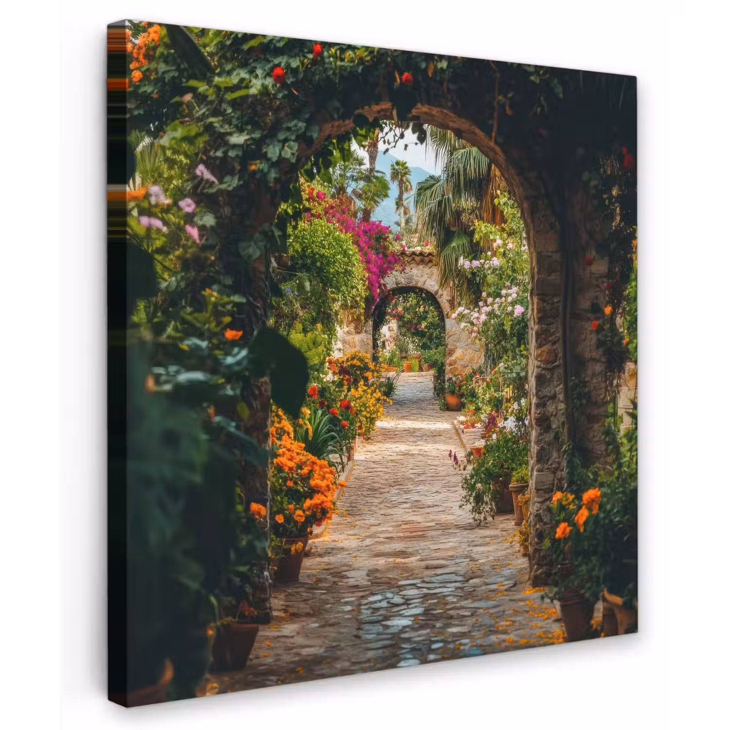 Doorkijk - Bloemen - Poort - Stenen Tuinposter op houten frame 2 cm dik middel -3d