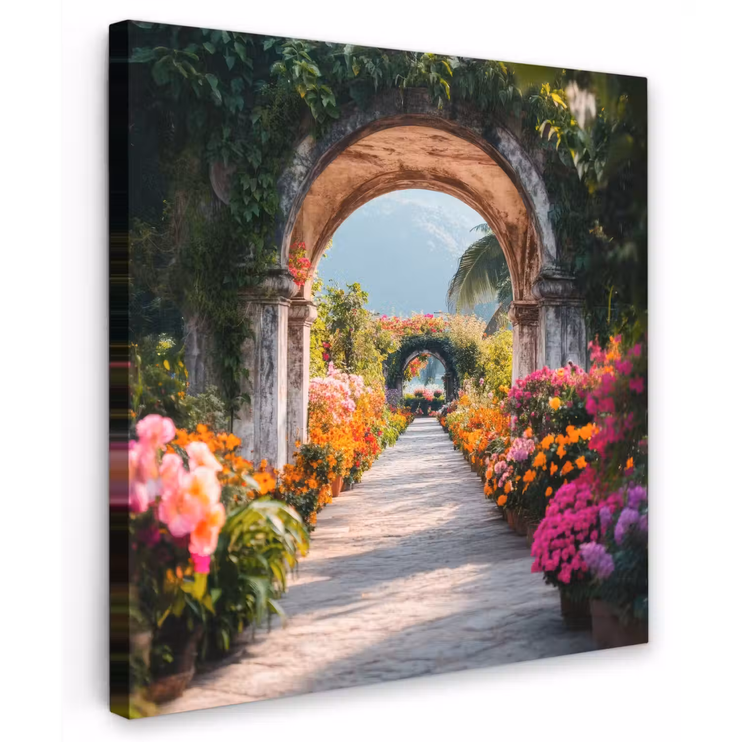 Doorkijk - Bloemen - Tropisch - Kleurrijk Tuinposter op houten frame 2 cm dik middel -3d