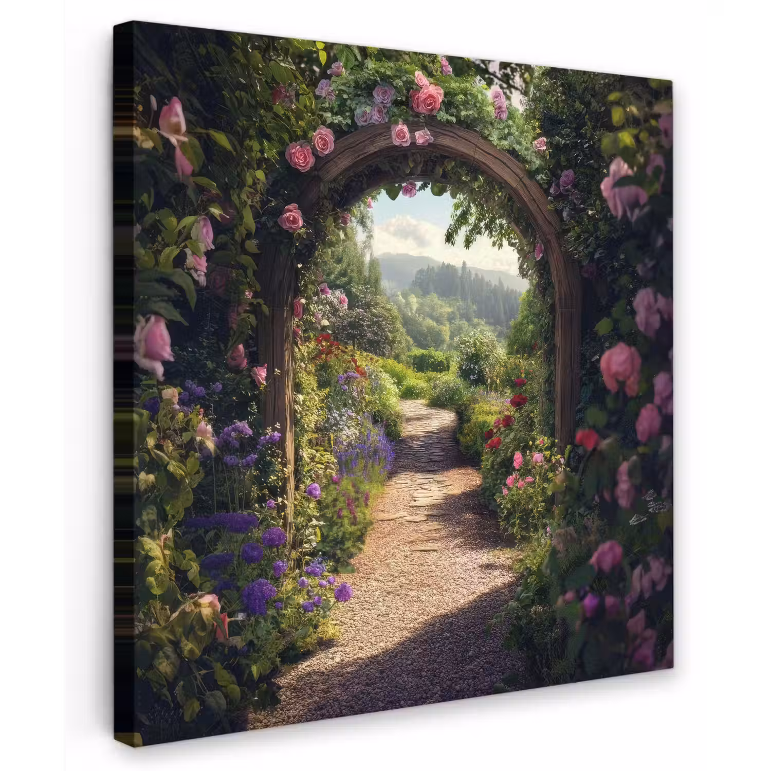 Doorkijk - Landschap - Bloemen - Rozenboog - Natuur Tuinposter op houten frame 2 cm dik middel -3d