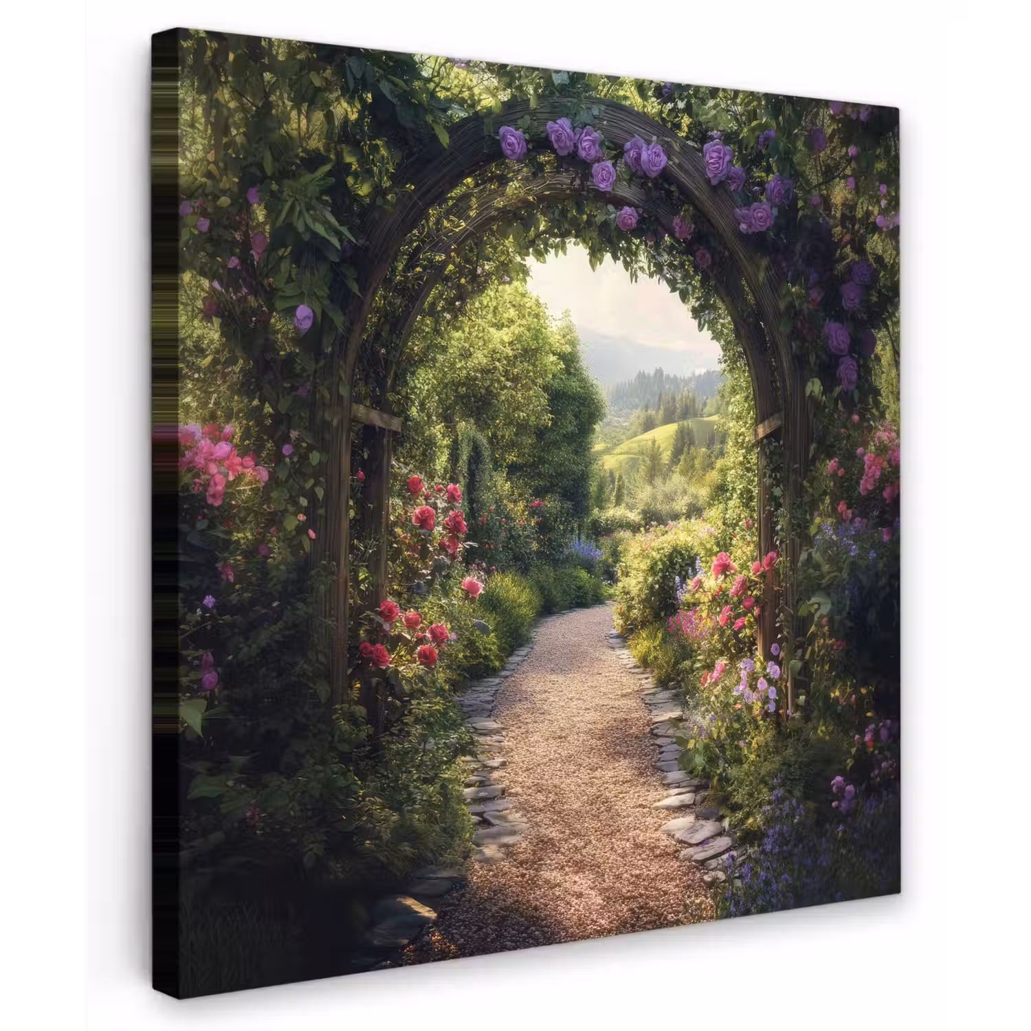 Doorkijk - Landschap - Bloemen - Tuinboog - Natuur Tuinposter op houten frame 2 cm dik middel -3d