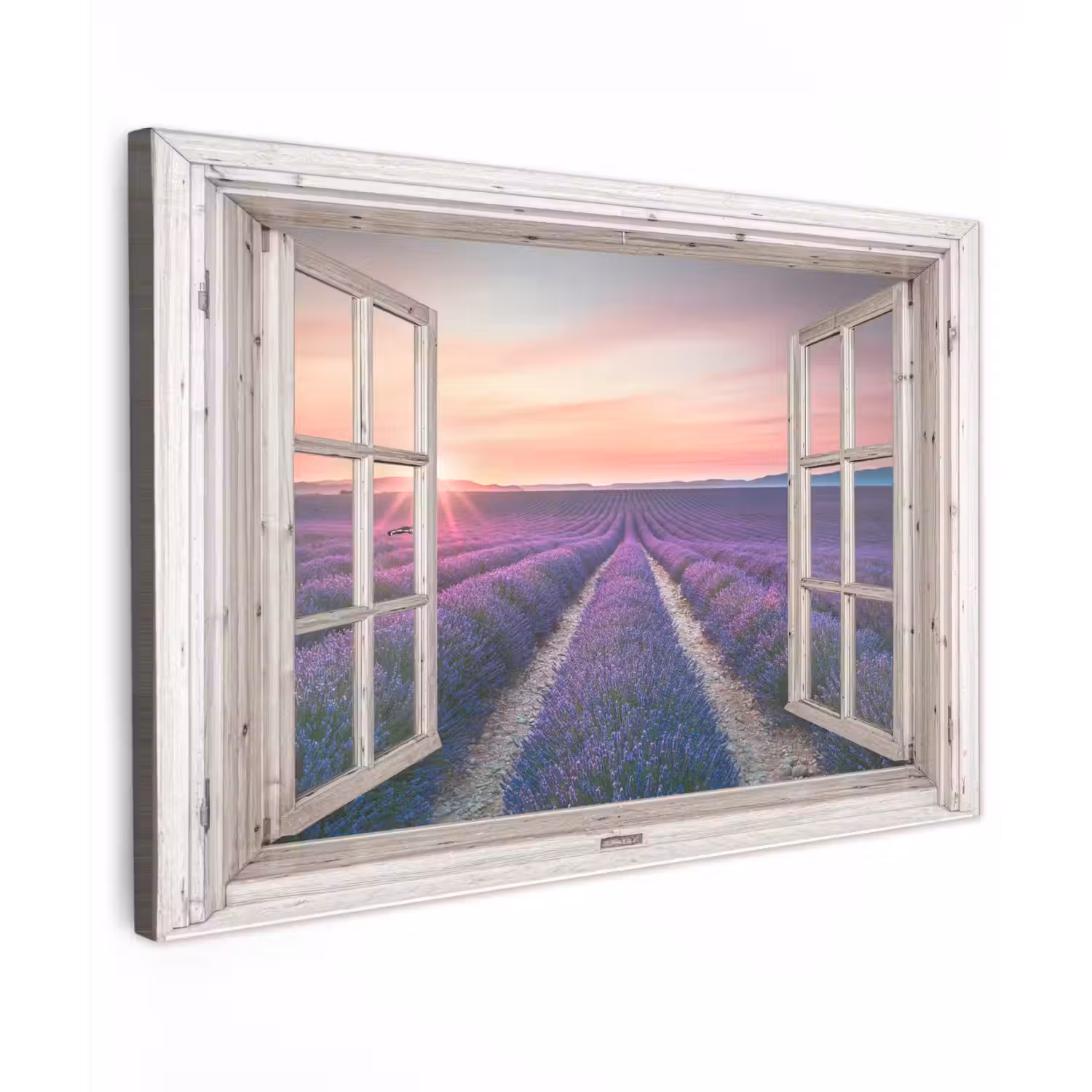 Doorkijk - Lavendel - Bloemen - Hout - Zonsondergang - Paars Tuinposter op houten frame 2 cm dik klein -3d