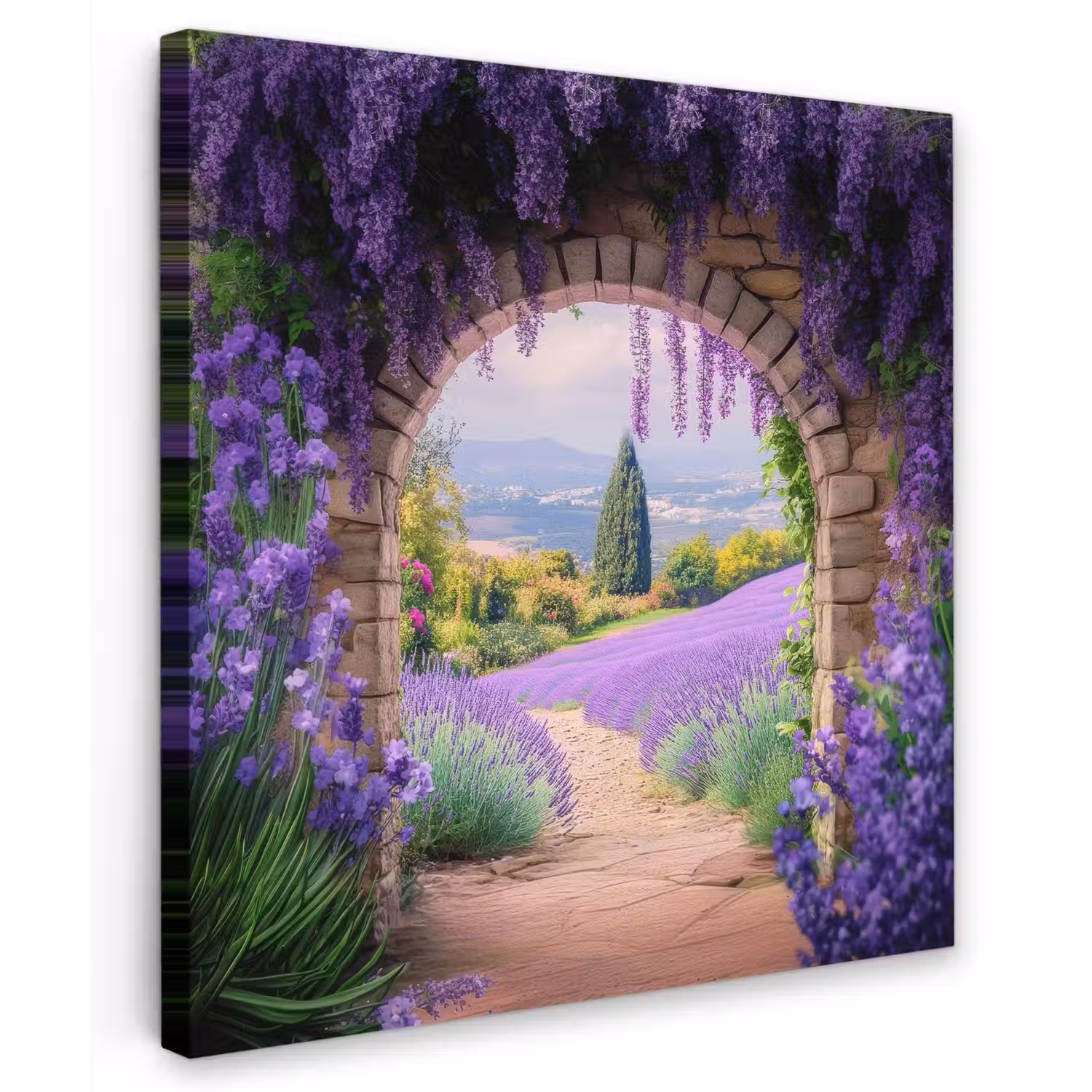 Doorkijk - Lavendel - Bloemen - Paars - Poort Tuinposter op houten frame 2 cm dik middel -3d